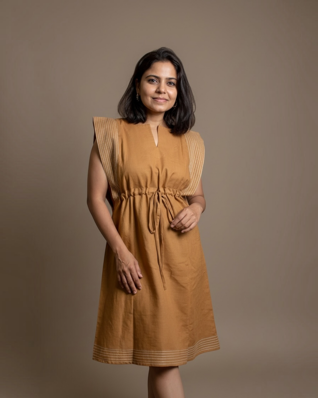 Camel Drawstring Midi Dress