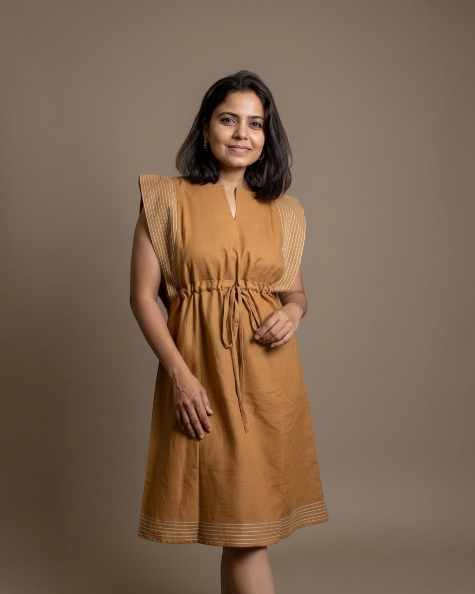 Camel Drawstring Midi Dress