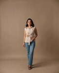 Beige Gingham Check Sleeveless Tie-Front Top