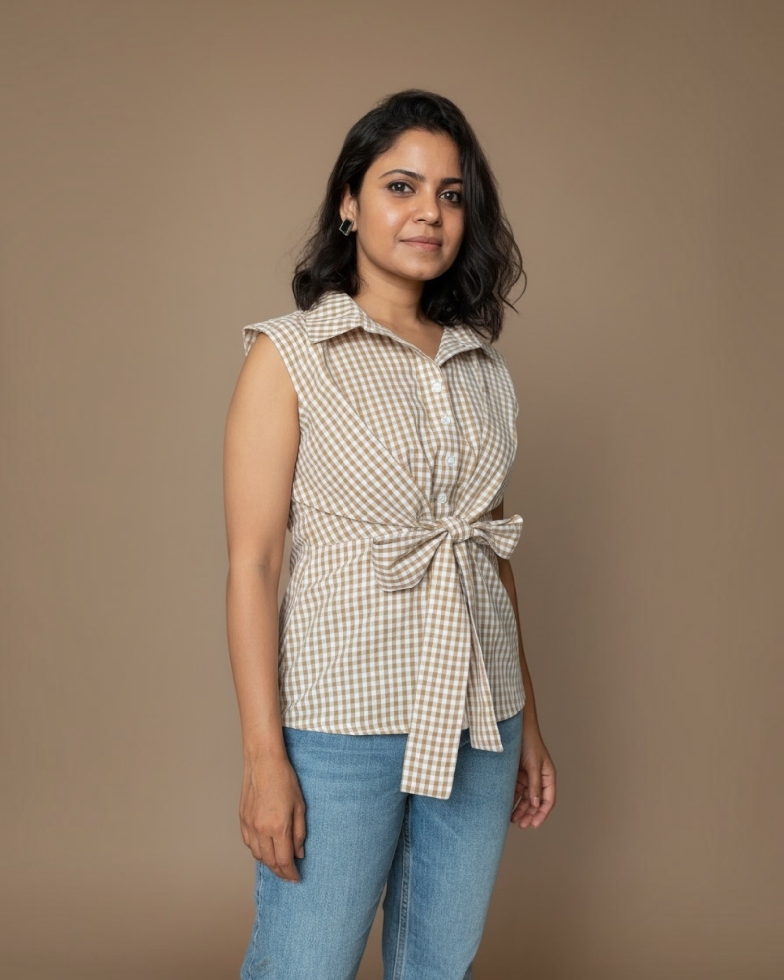 Beige Gingham Check Sleeveless Tie-Front Top