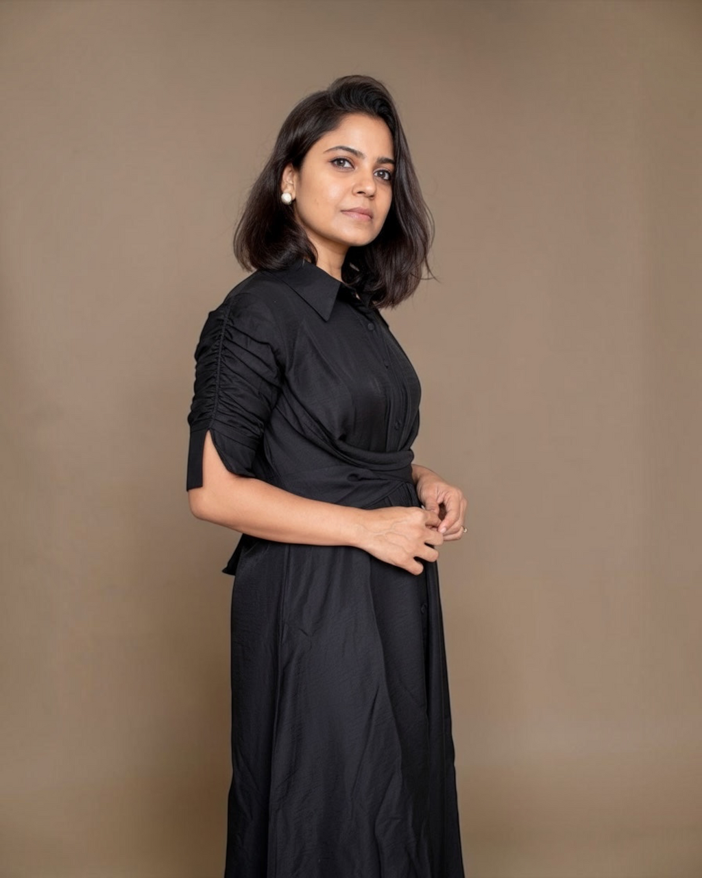 Black ruched sleeve shirt dress - full length side view with heels