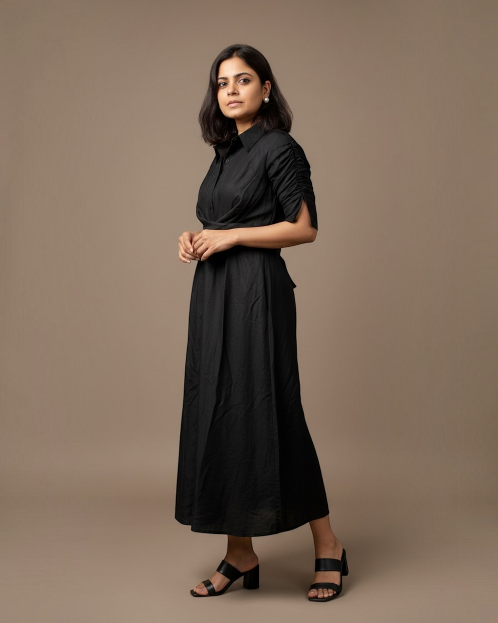 Black ruched sleeve shirt dress - full length front view