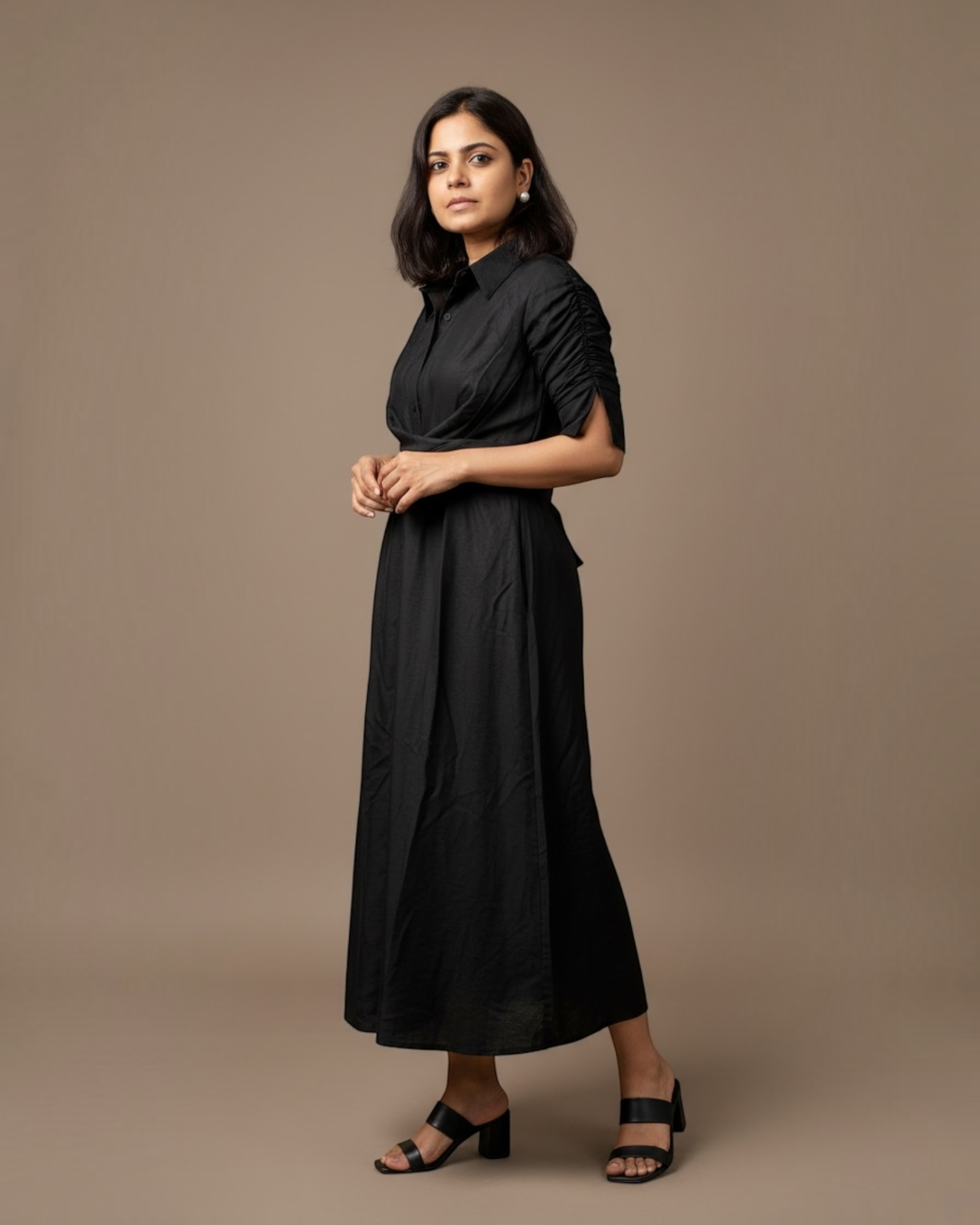 Black ruched sleeve shirt dress - full length front view