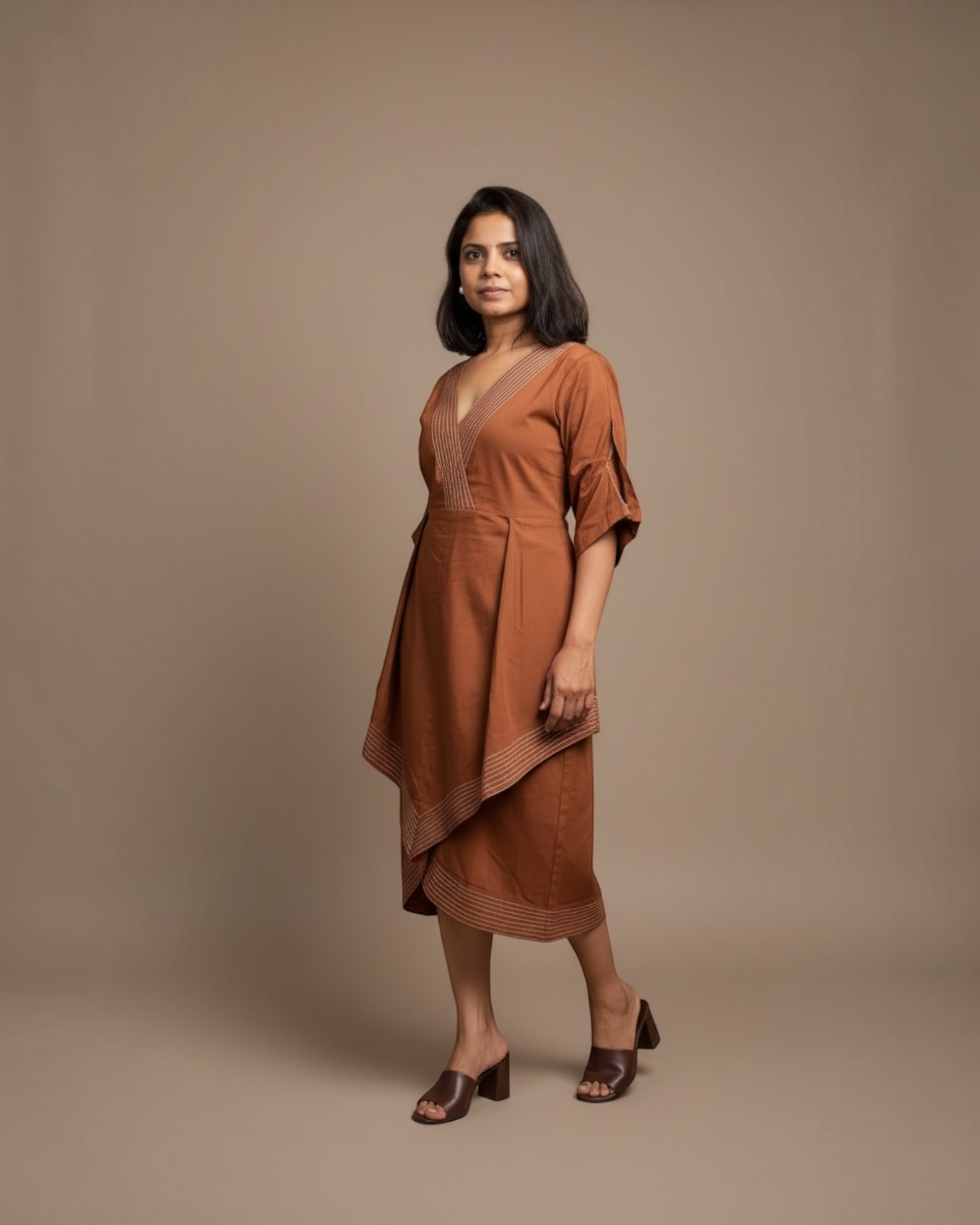 Rust wrap midi dress - three-quarter view