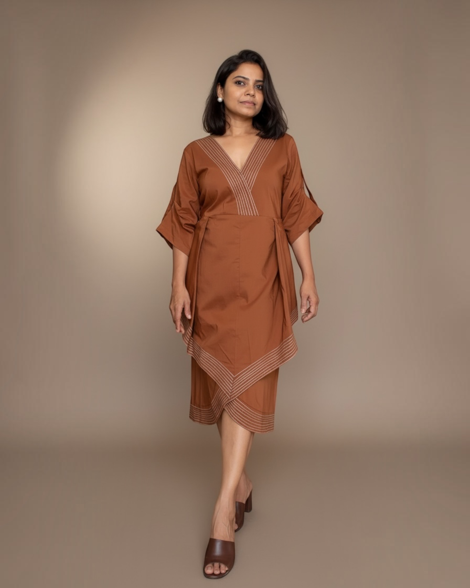 Rust wrap midi dress - front view