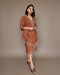 Rust wrap midi dress - side walk view