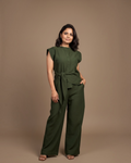 Olive green co-ord set - close up front view with pintuck detail
