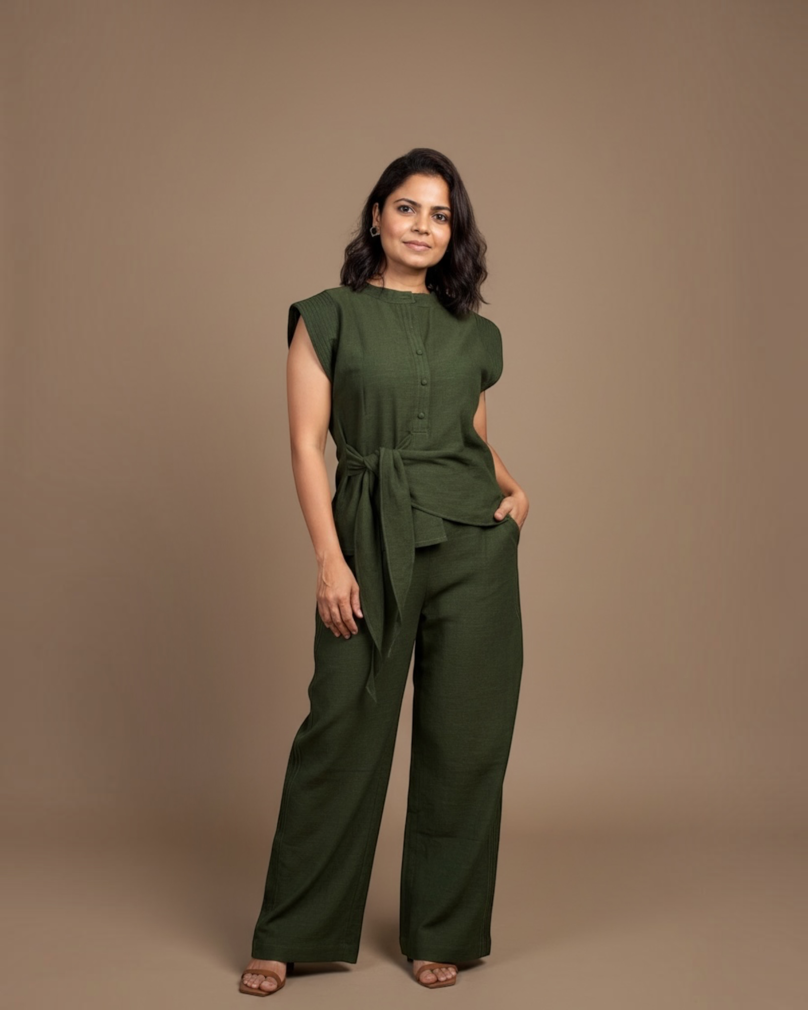 Olive green co-ord set - close up front view with pintuck detail
