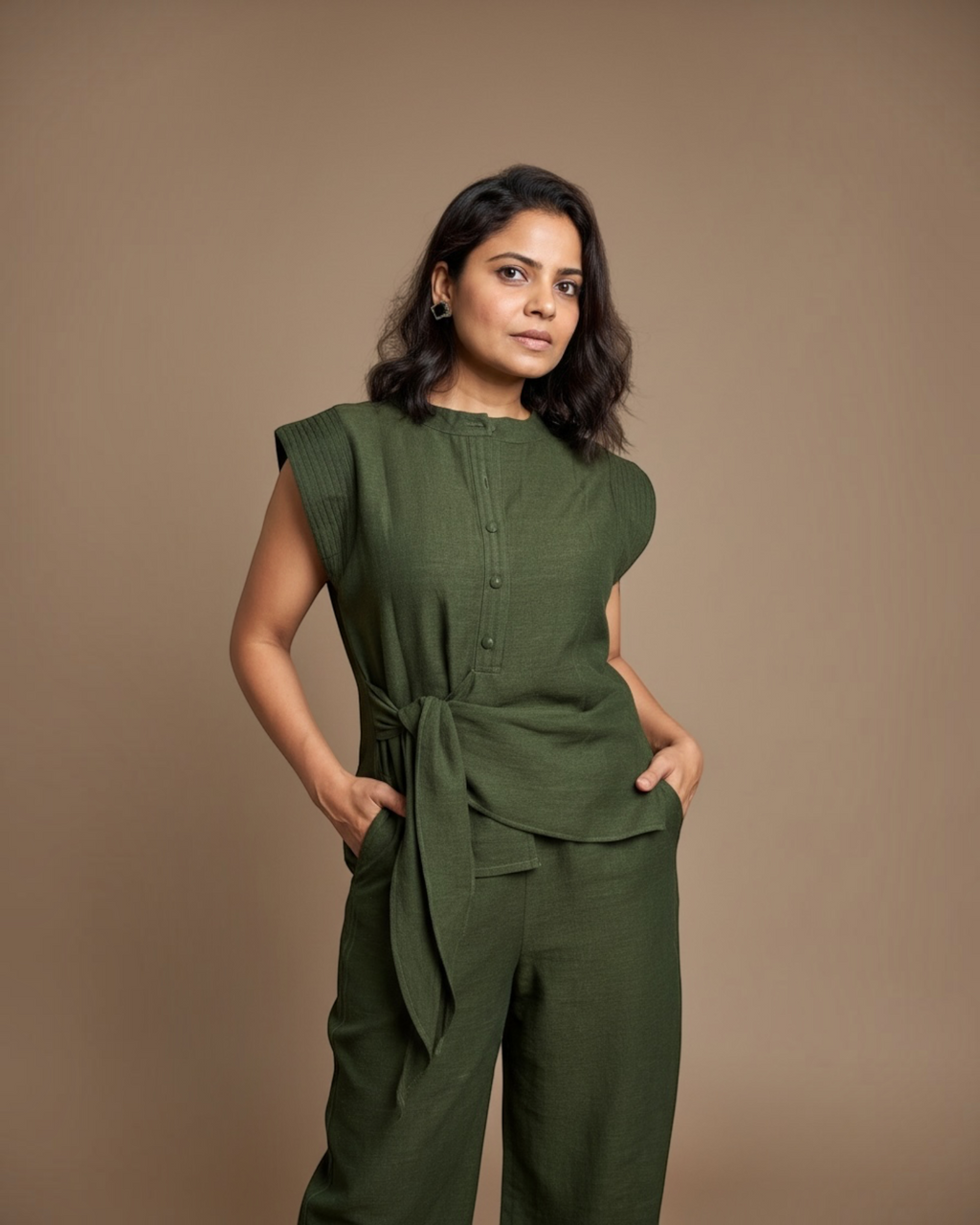 Olive green co-ord set - front view with tie waist