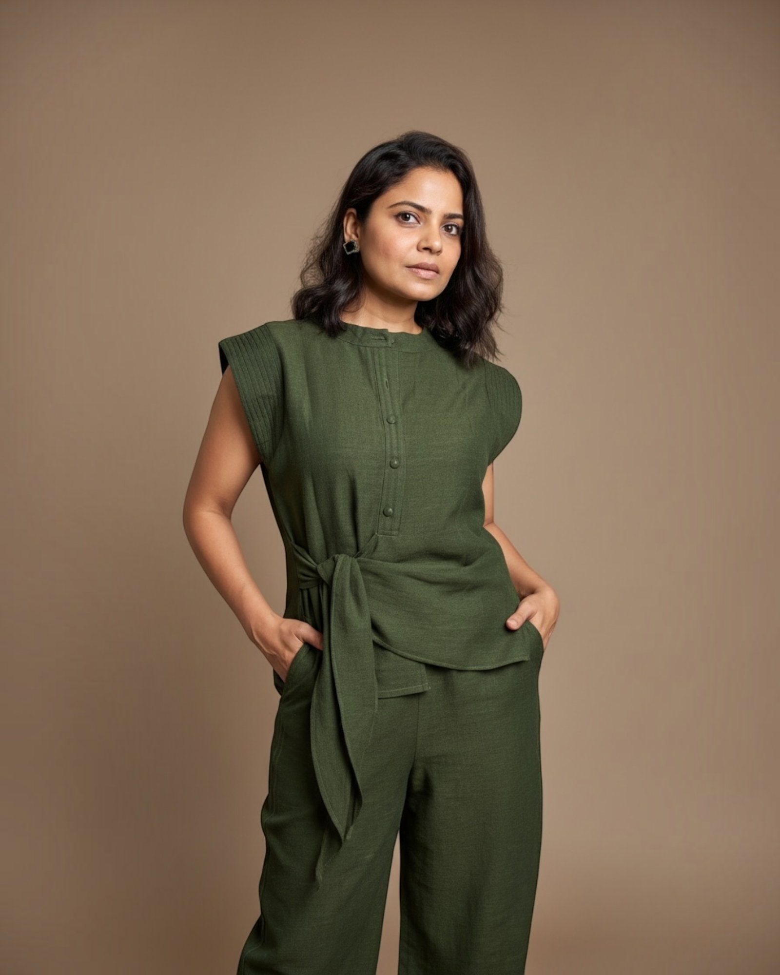 Olive green co-ord set - front view with tie waist