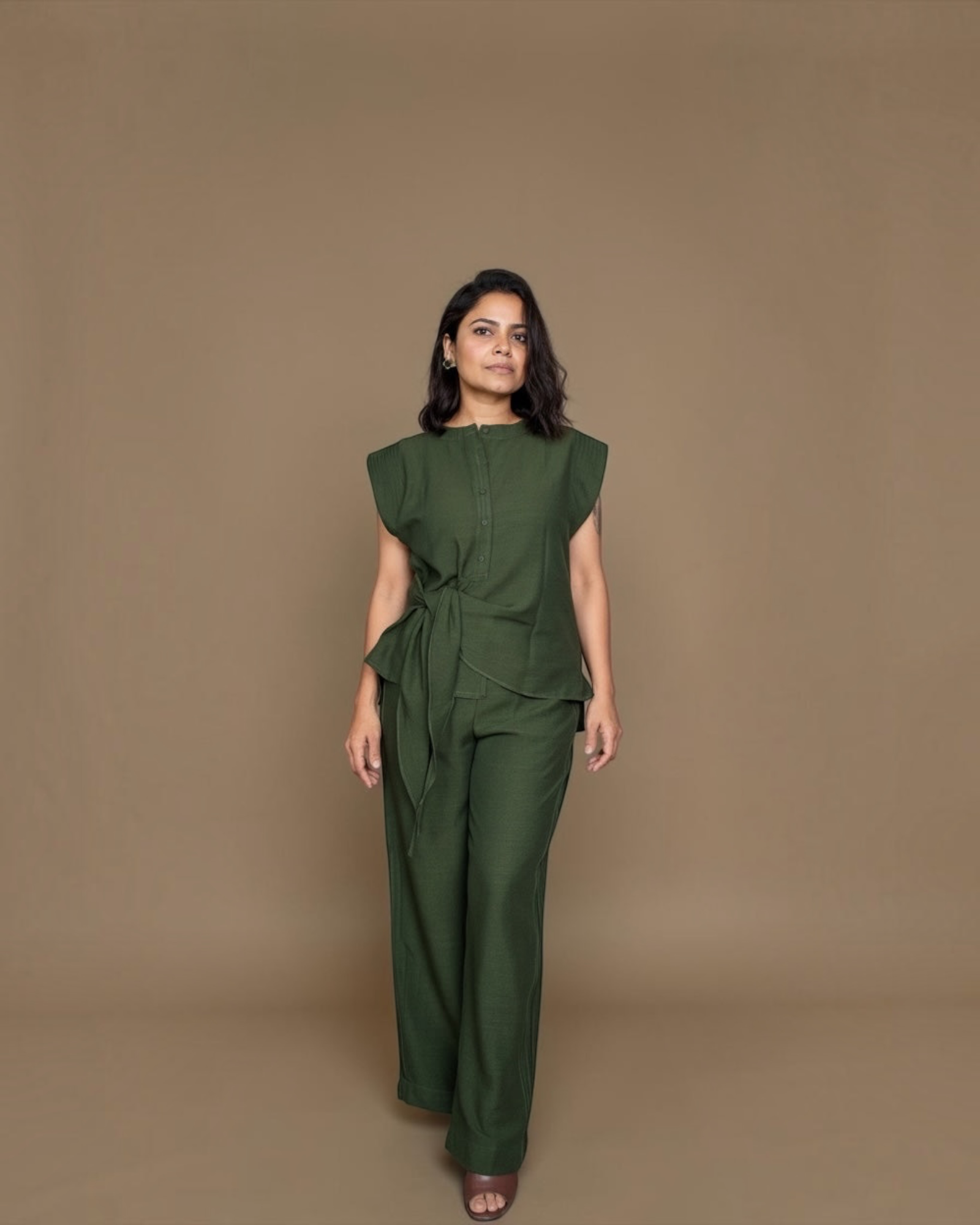 Olive green co-ord set - full length front view