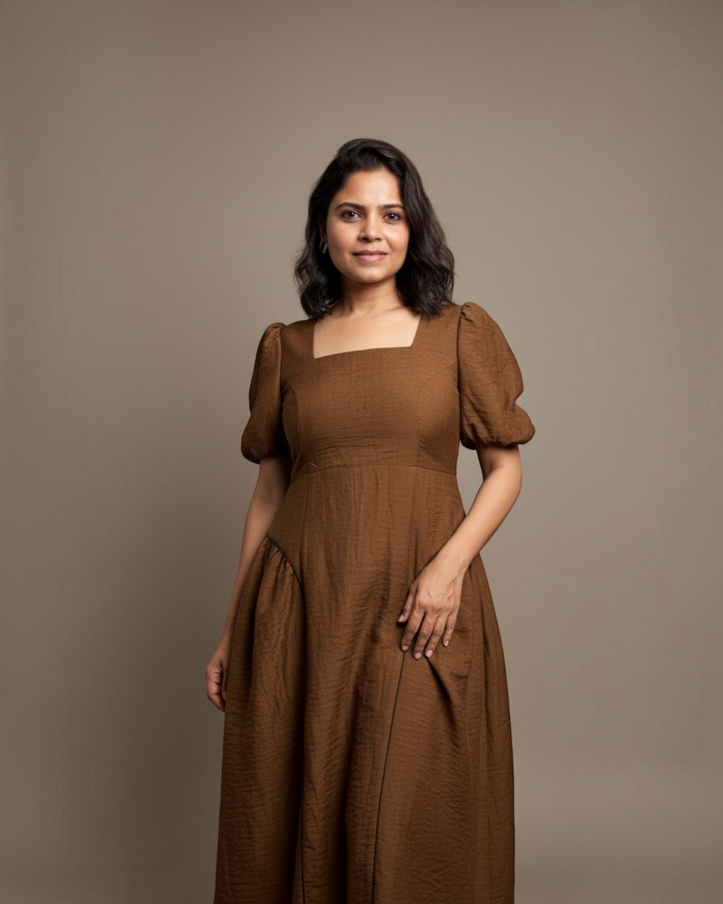 Brown puff sleeve midi dress - front view