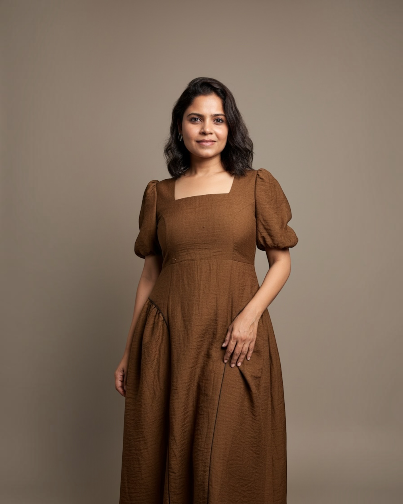 Brown puff sleeve midi dress - front view