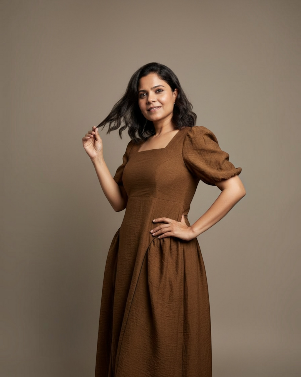 Brown puff sleeve midi dress - full length front