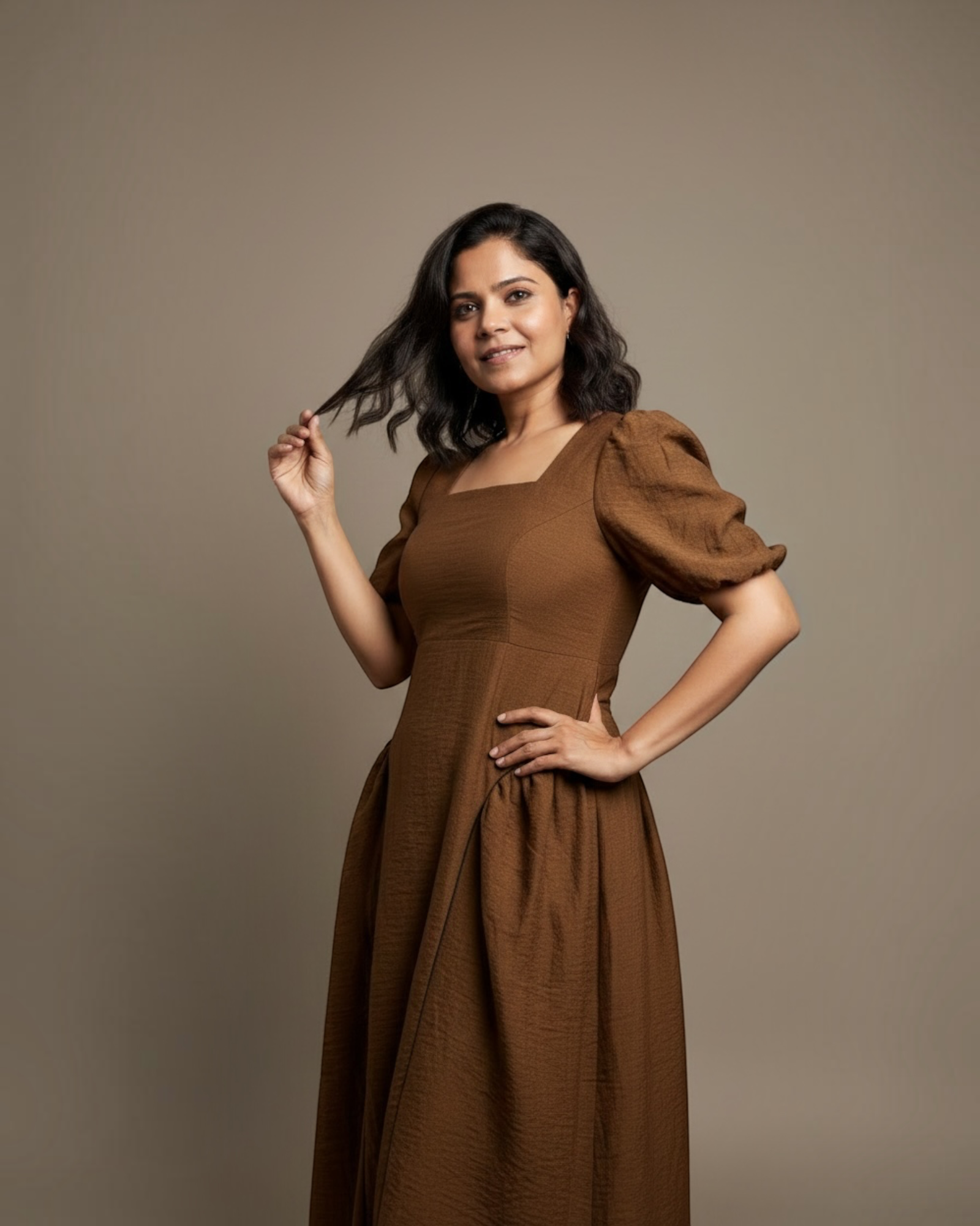 Brown puff sleeve midi dress - full length front