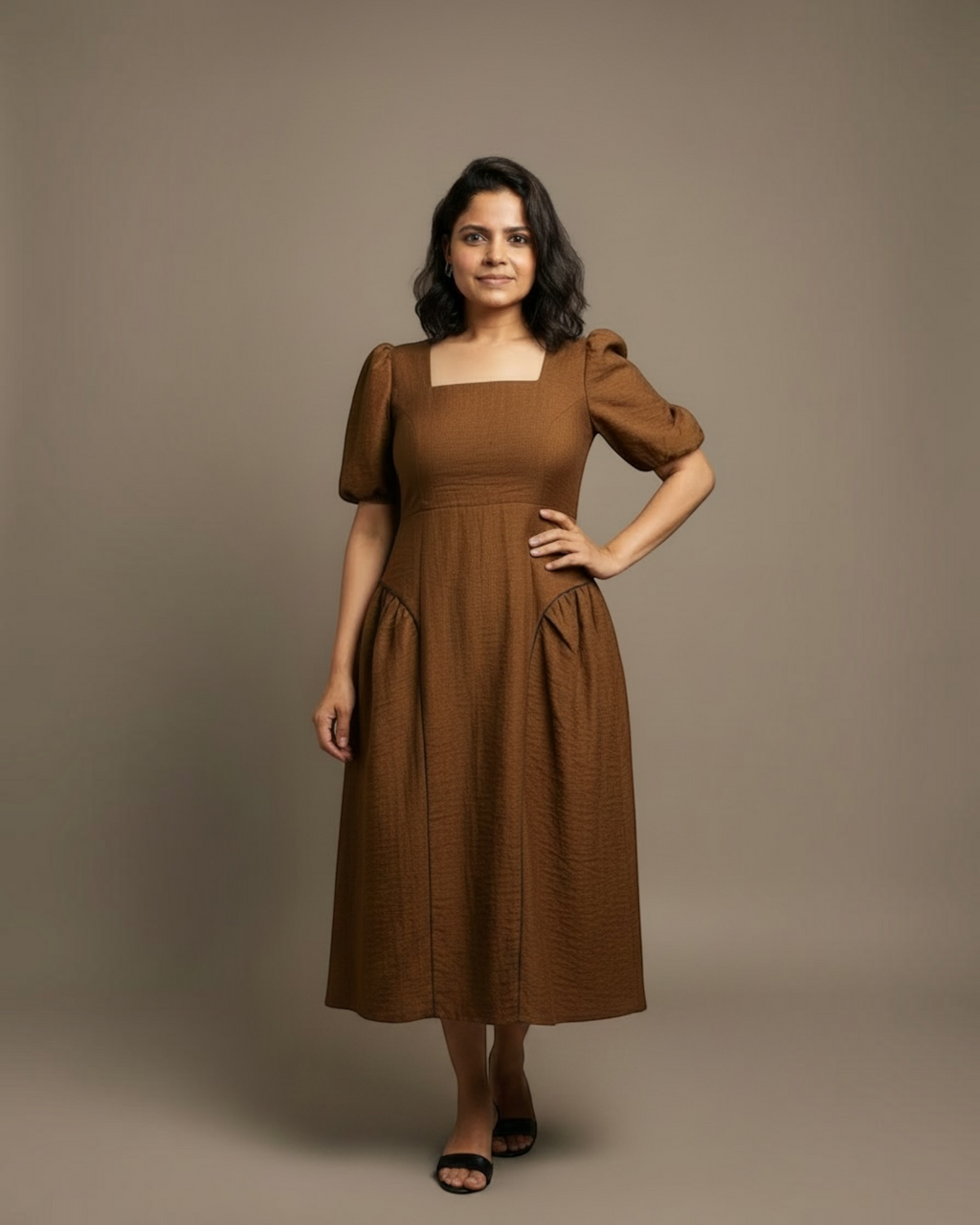 Brown puff sleeve midi dress - three quarter view