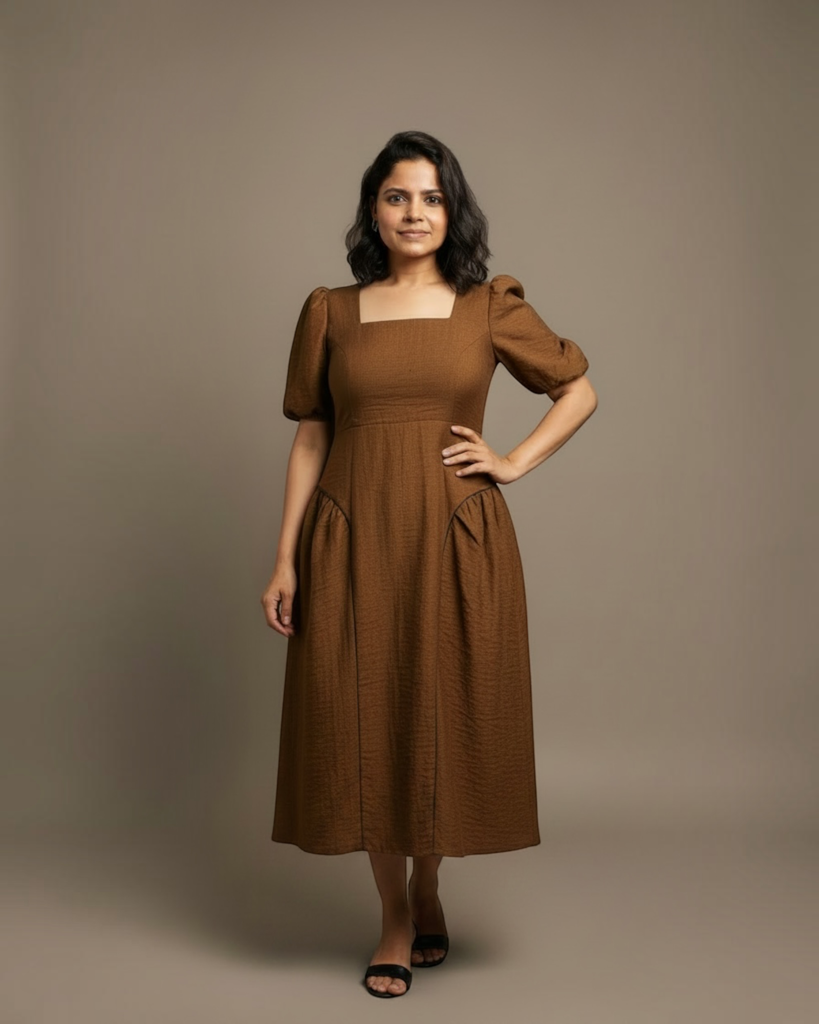 Brown puff sleeve midi dress - three quarter view