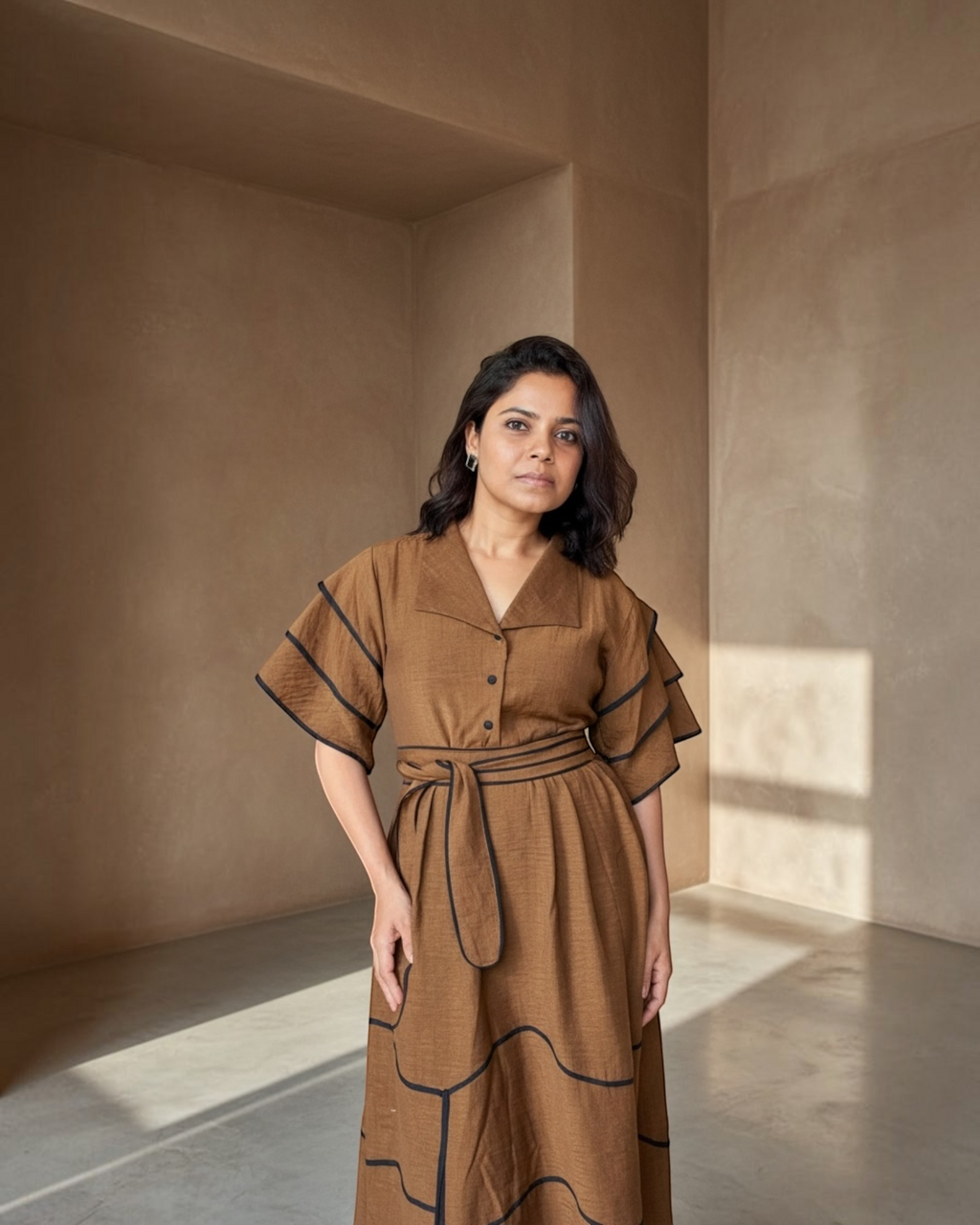 Tobacco Brown Belted Midi Dress - full length front view