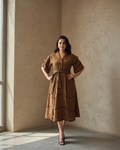 Tobacco Brown Belted Midi Dress - front standing pose