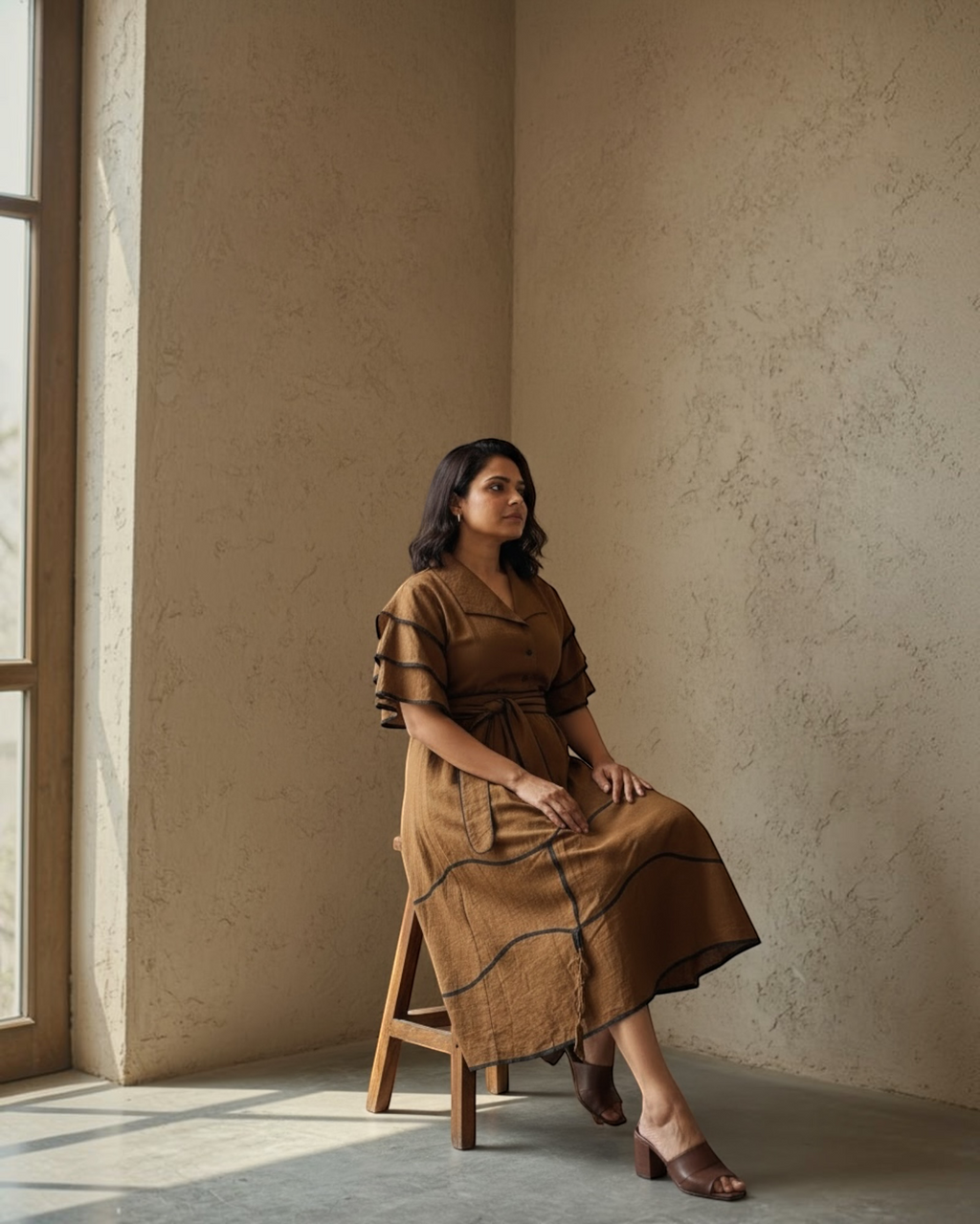 Tobacco Brown Belted Midi Dress - seated editorial shot