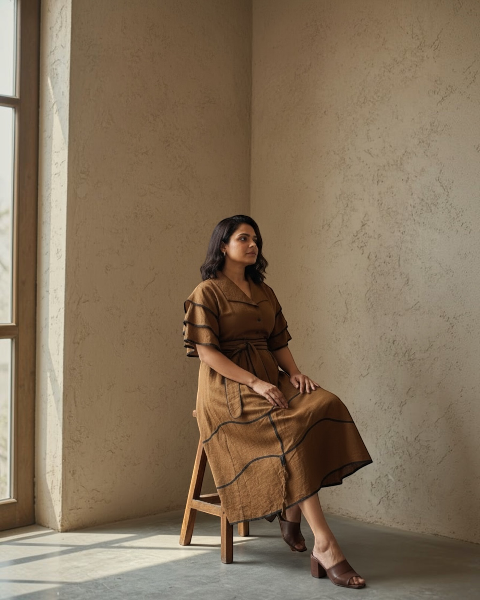 Tobacco Brown Belted Midi Dress - seated editorial shot