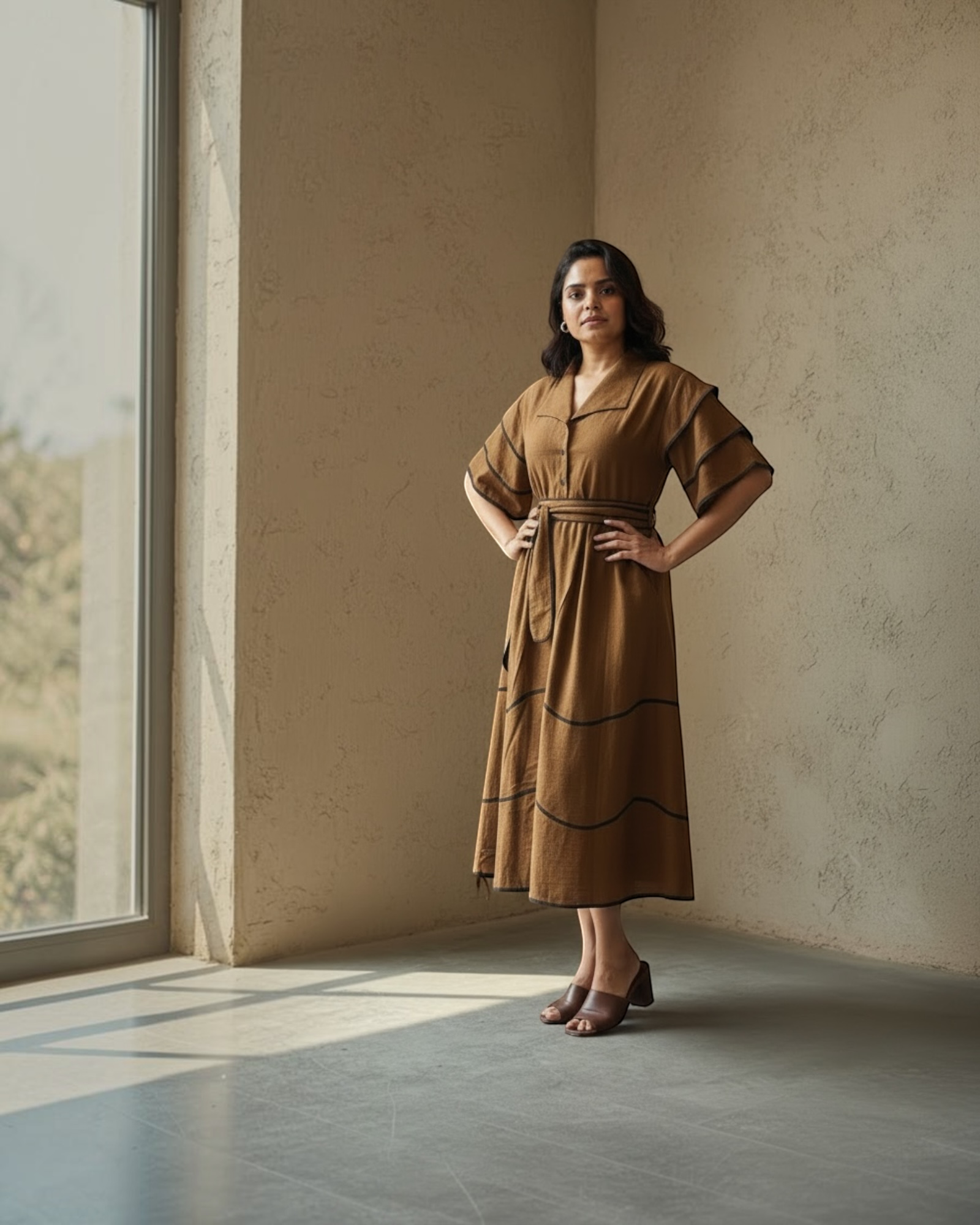 Tobacco Brown Belted Midi Dress - close-up upper body detail