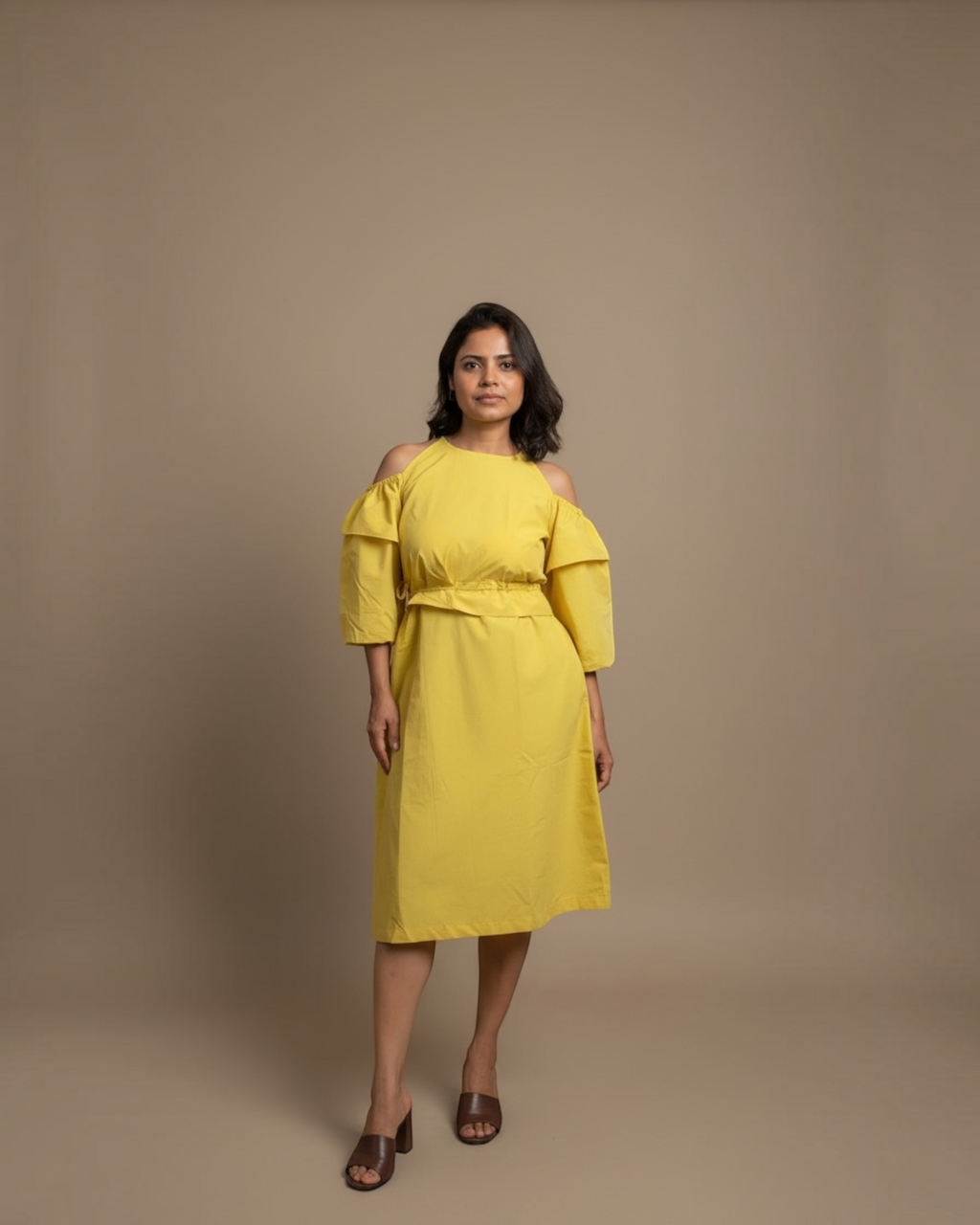 Yellow cold-shoulder ruffle dress - front close-up view