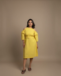 Yellow cold-shoulder ruffle dress - front close-up view