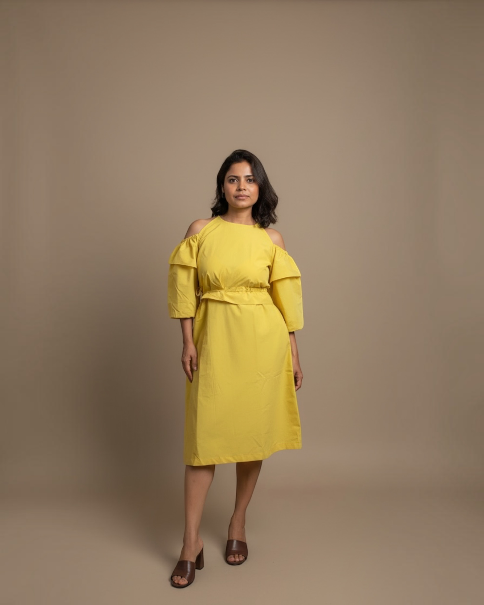 Yellow cold-shoulder ruffle dress - front close-up view