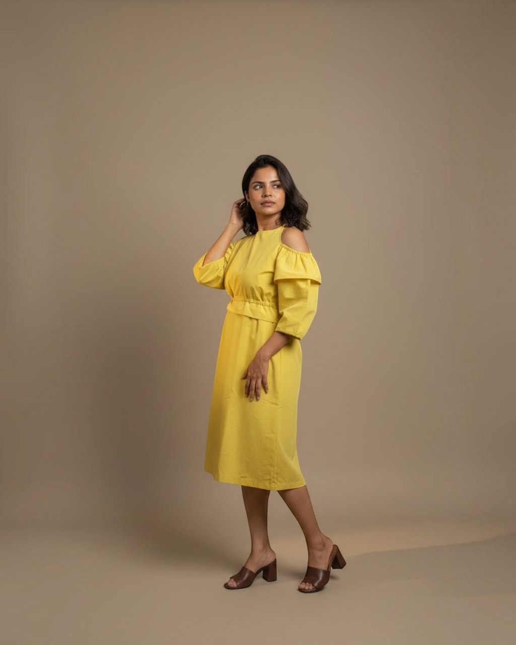 Yellow cold-shoulder ruffle dress - full length side view