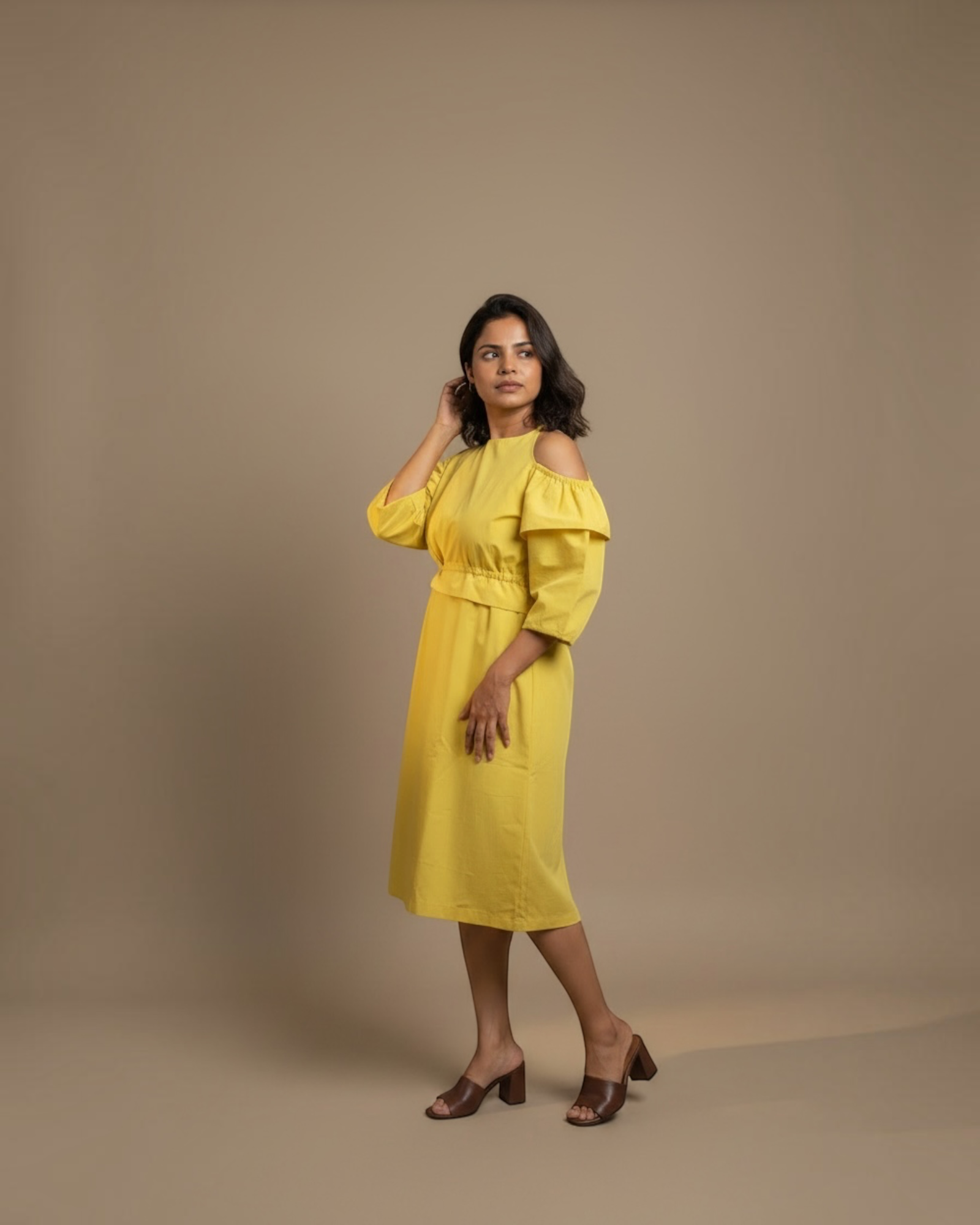 Yellow cold-shoulder ruffle dress - full length side view