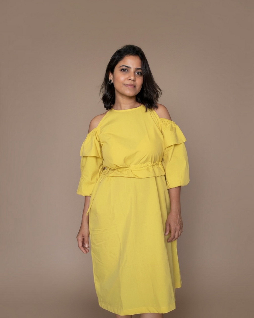 Yellow cold-shoulder ruffle dress - full length front view