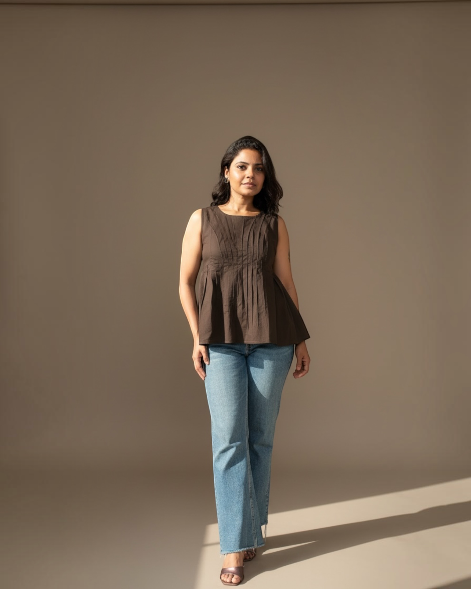 Mocha Pintuck Peplum Top – Full length front view