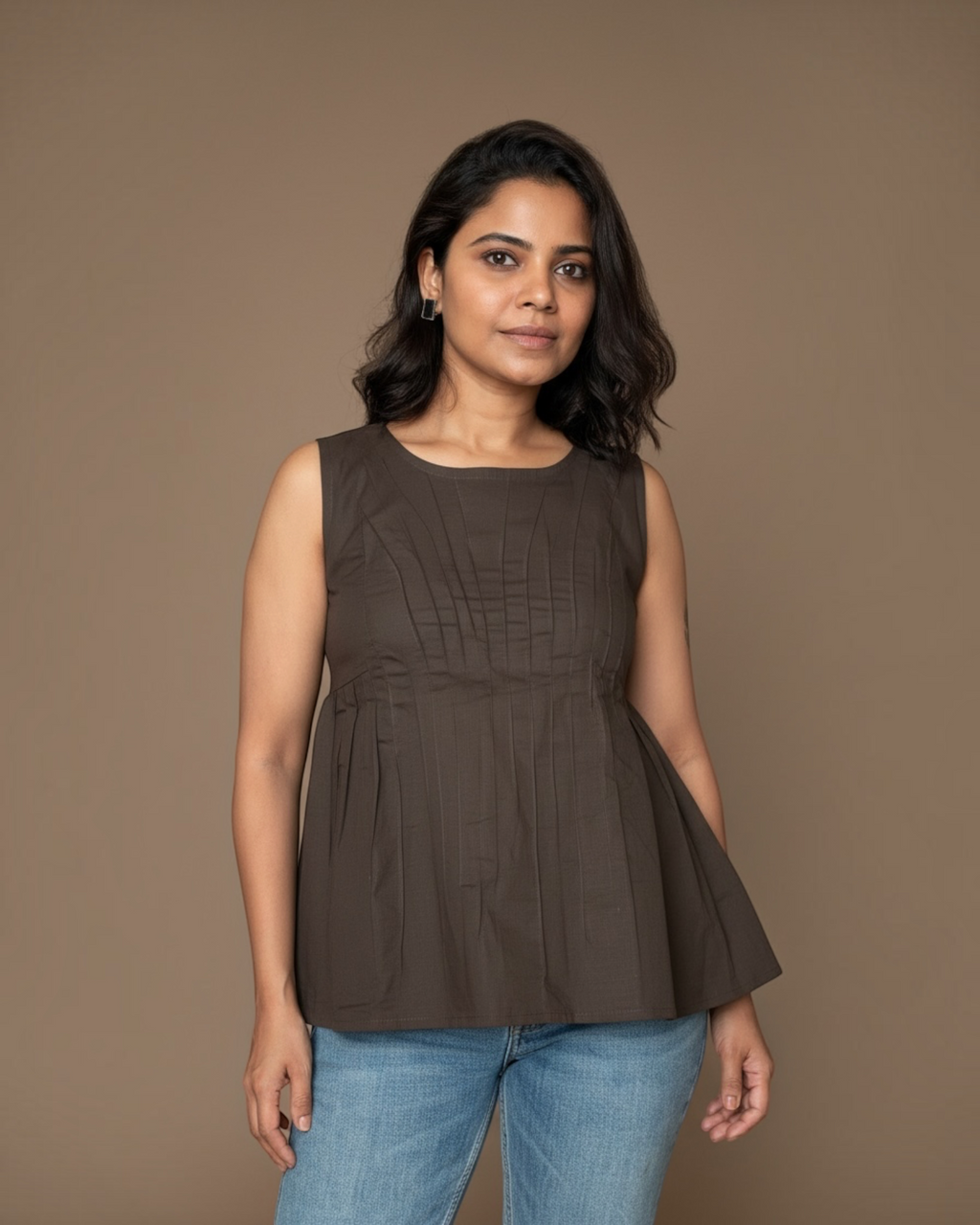 Mocha Pintuck Peplum Top – Side view close-up