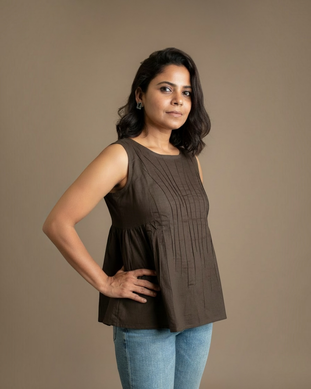 Mocha Pintuck Peplum Top – Full length side view