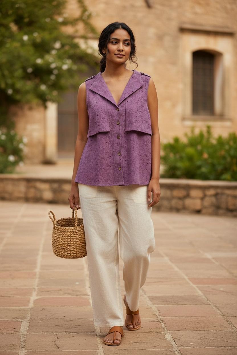 Mauve Schiffli Embroidered Sleeveless Top