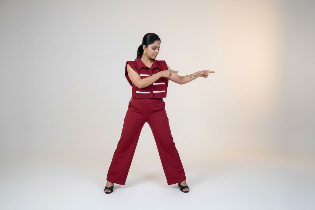 Woman in a red outfit posing against a plain background