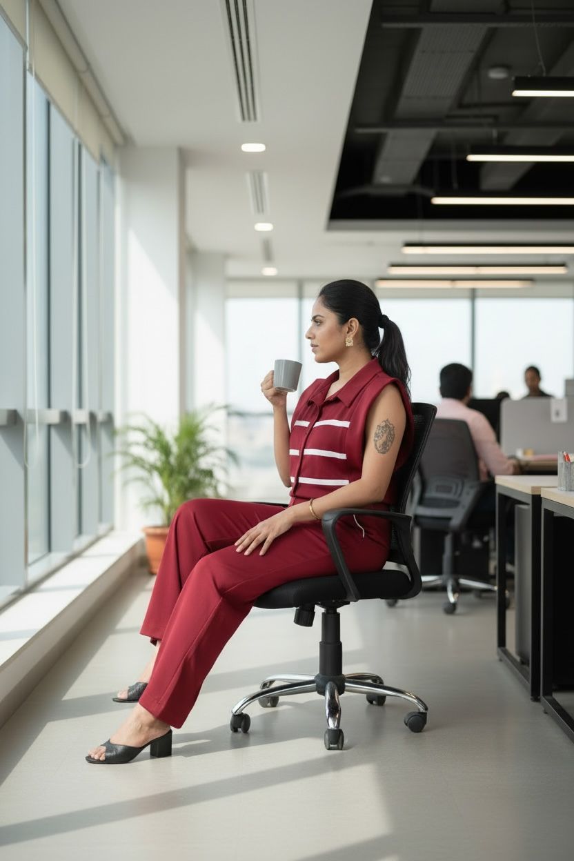 Woman in a red outfit sitting in an office chair holding a mug.