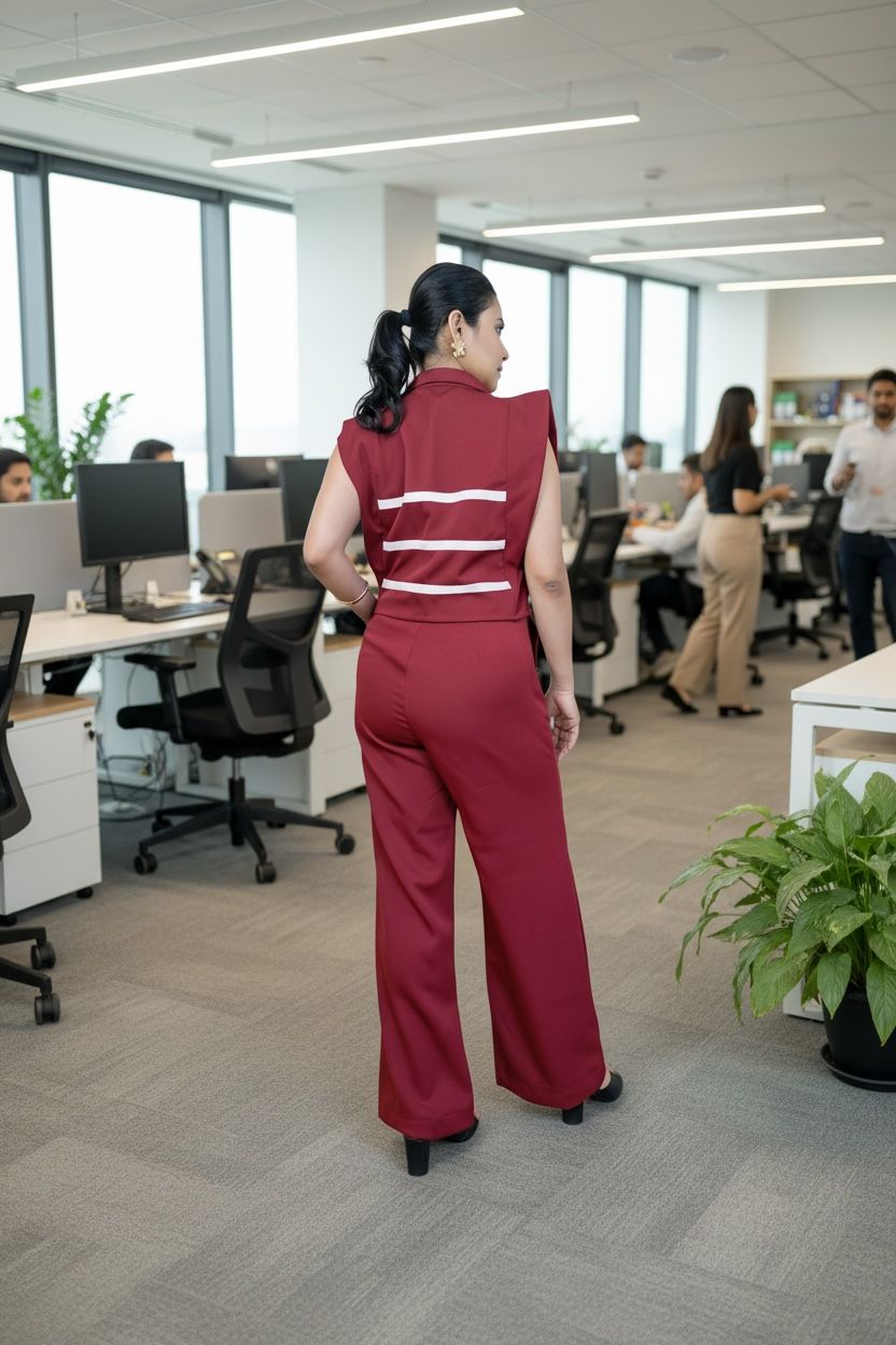 Woman in a red outfit standing in an office setting with colleagues working at desks.