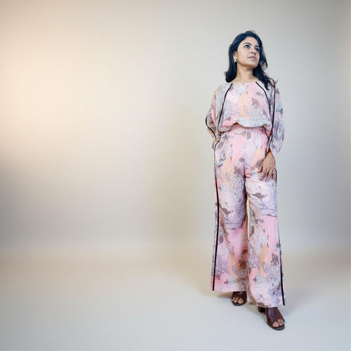 Blush Pink Floral Chiffon Balloon Sleeve Co-ord Set