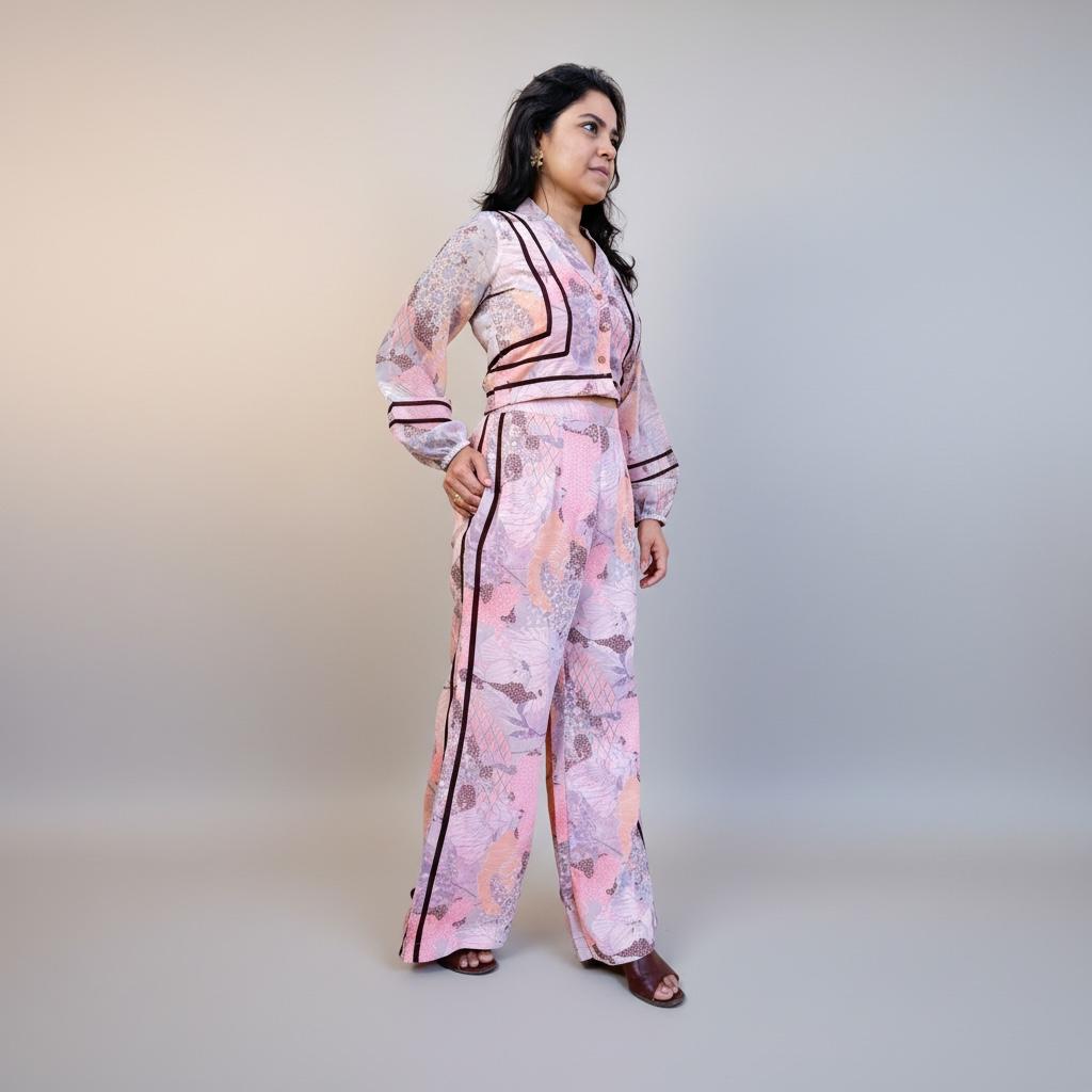 Blush Pink Floral Chiffon Balloon Sleeve Co-ord Set