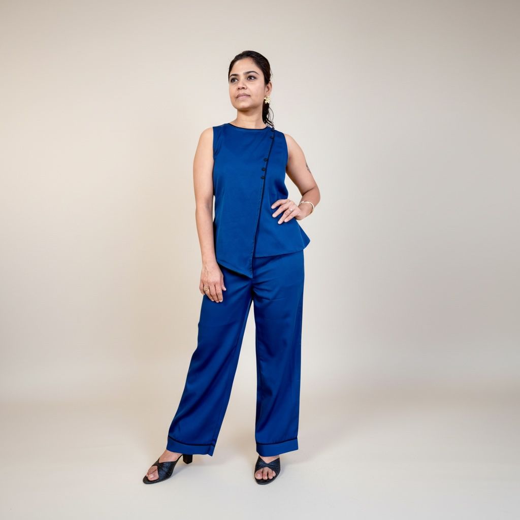 Cobalt Blue Asymmetric Wrap Top & Wide-Leg Trouser Co-ord Set