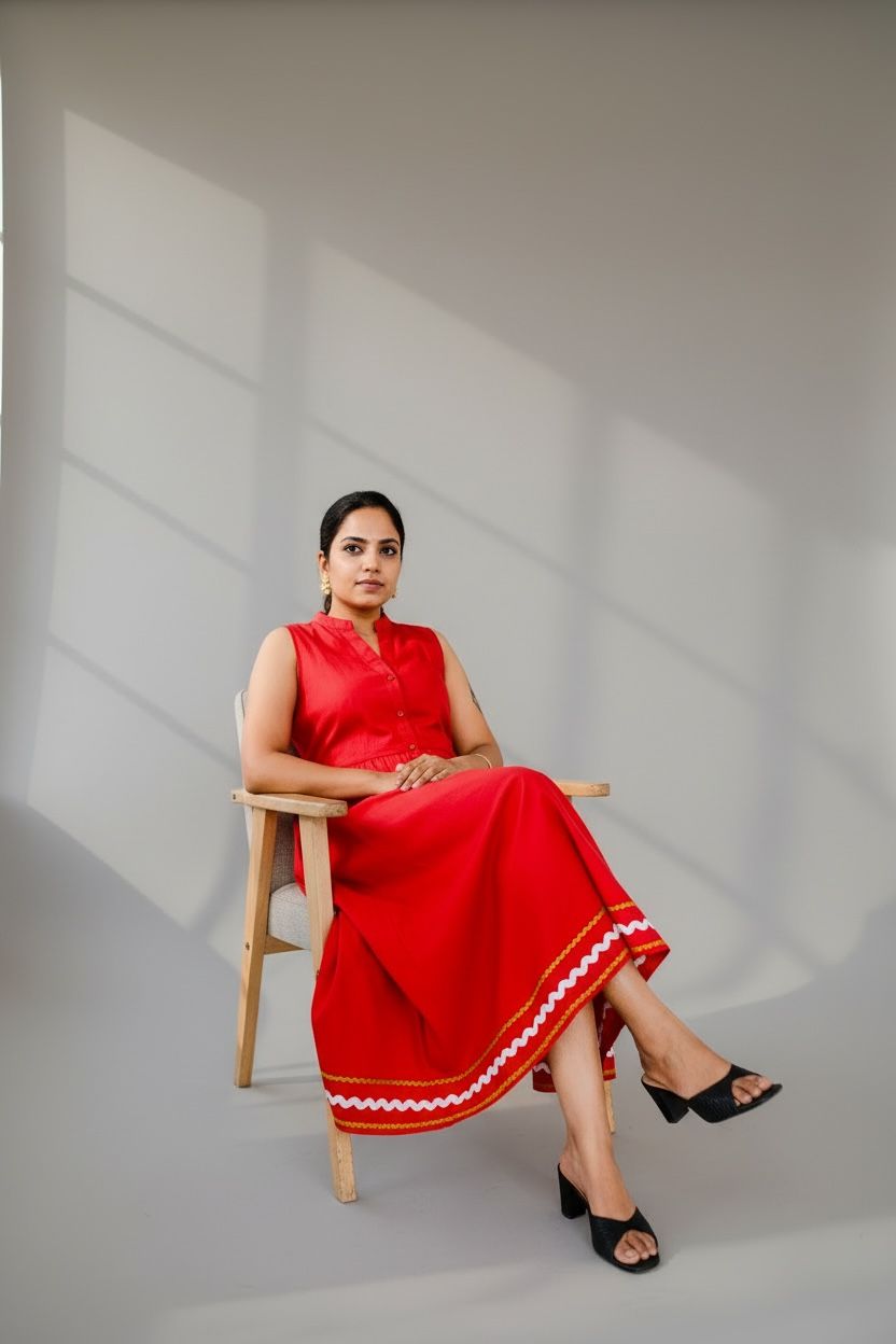 Cherry Red Ric-Rac Trim Notch Collar Midi Dress