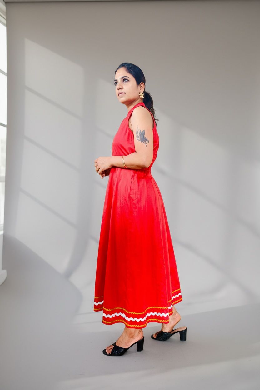 Cherry Red Ric-Rac Trim Notch Collar Midi Dress