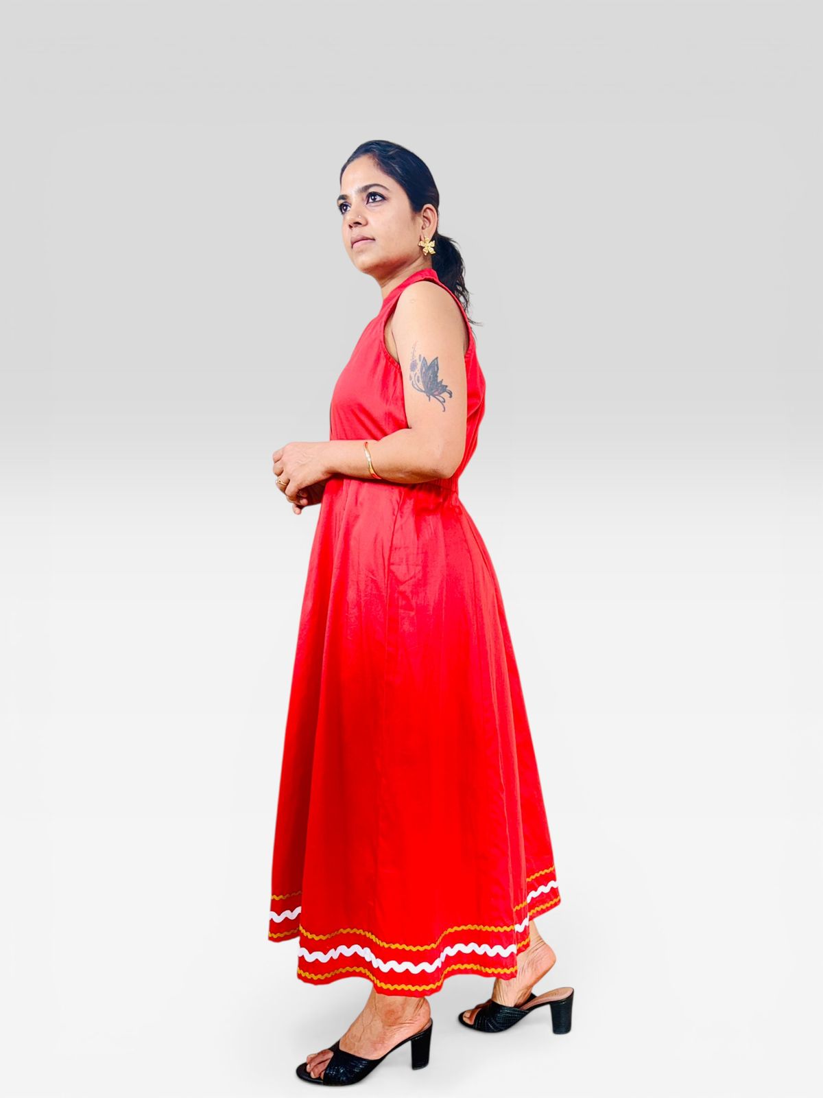 Cherry Red Ric-Rac Trim Notch Collar Midi Dress