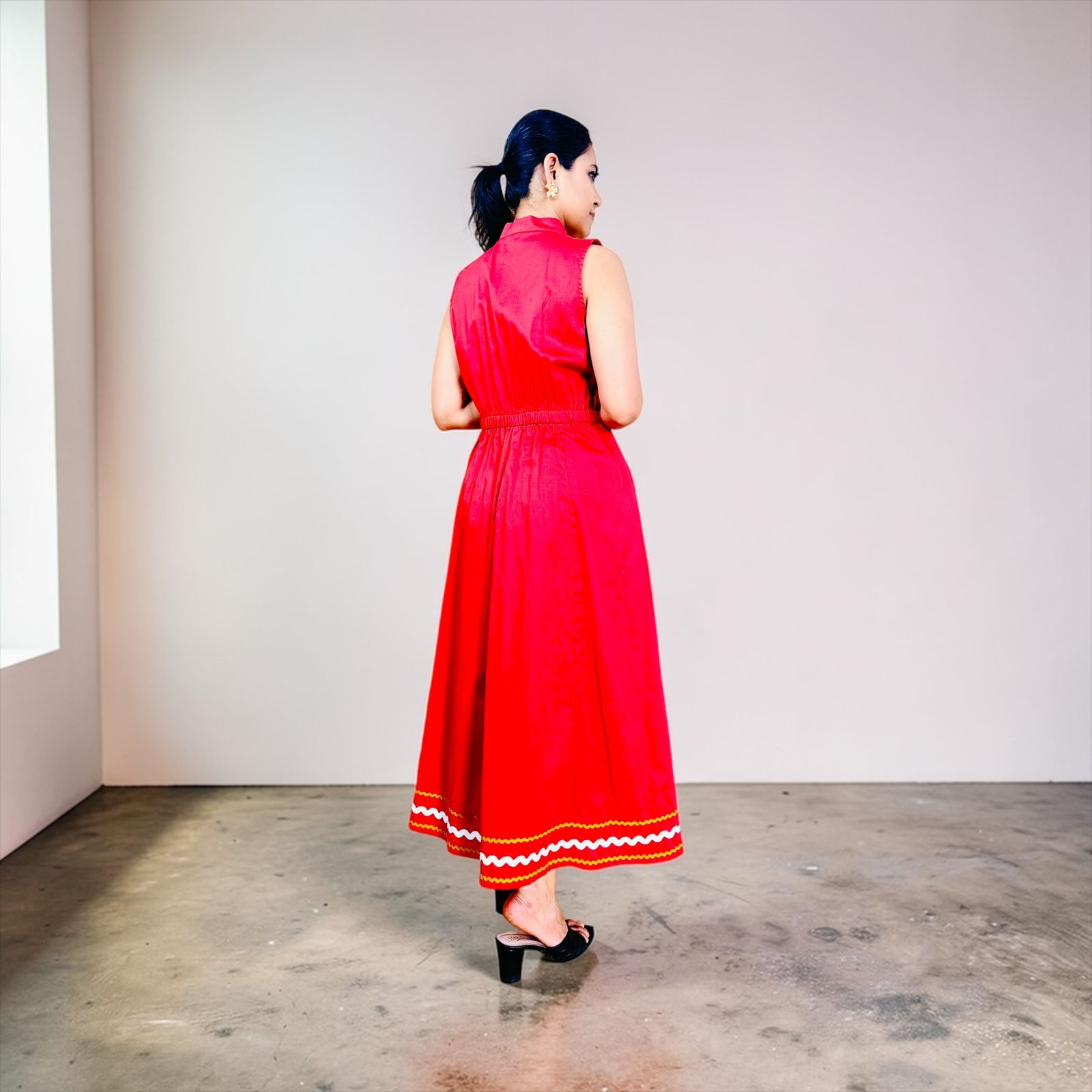 Cherry Red Ric-Rac Trim Notch Collar Midi Dress