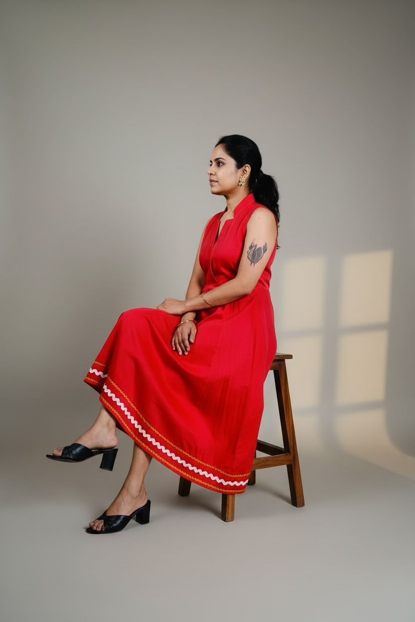 Cherry Red Ric-Rac Trim Notch Collar Midi Dress