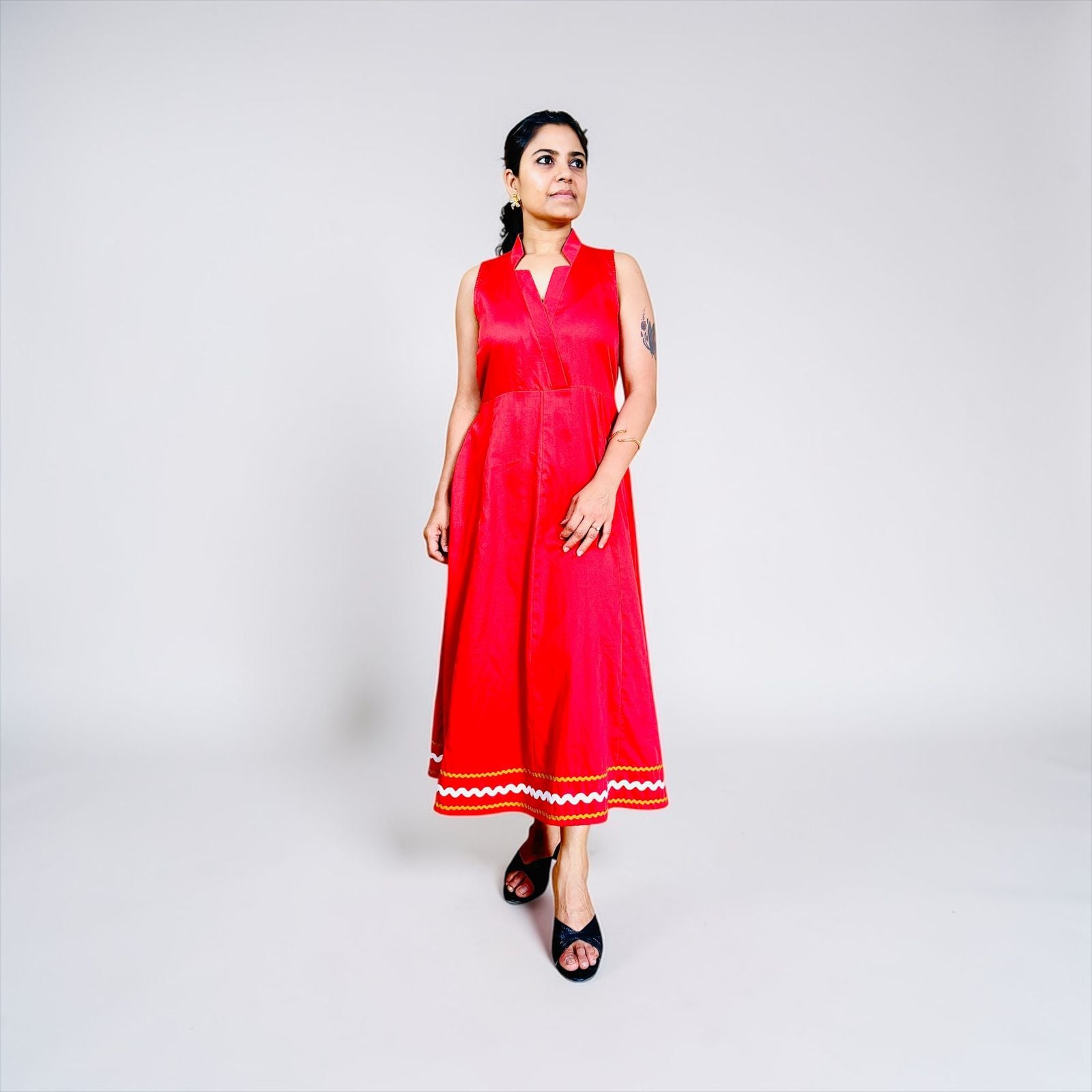 Cherry Red Ric-Rac Trim Notch Collar Midi Dress
