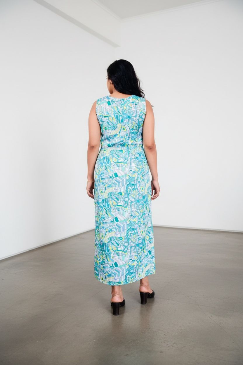 Mint Teal Abstract Doodle Print Front Slit Midi Dress