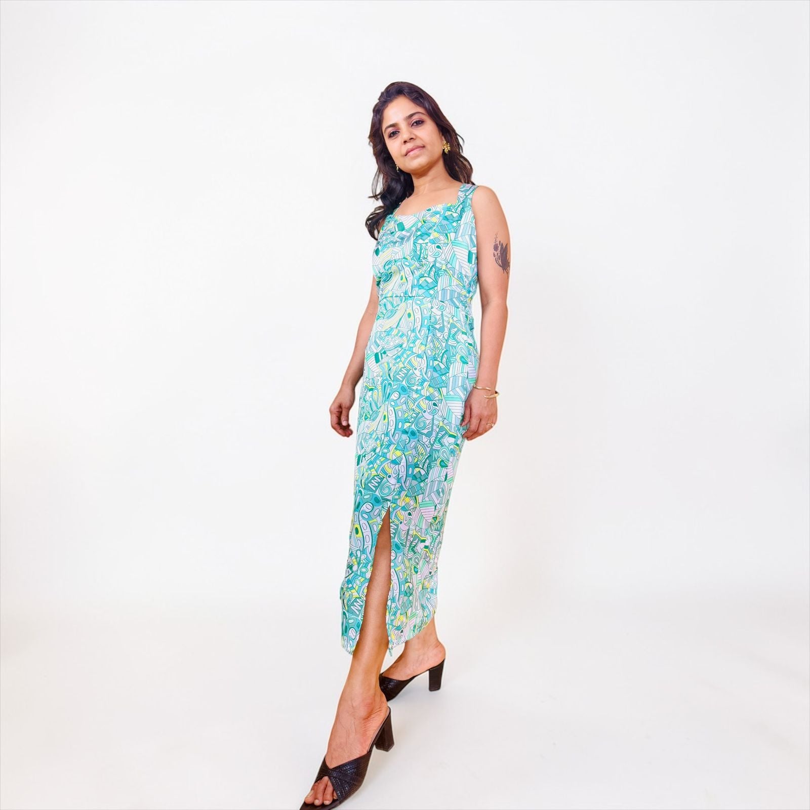 Mint Teal Abstract Doodle Print Front Slit Midi Dress